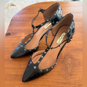 Halogen Martine Black Patent Leather Studded T-Strap Heels